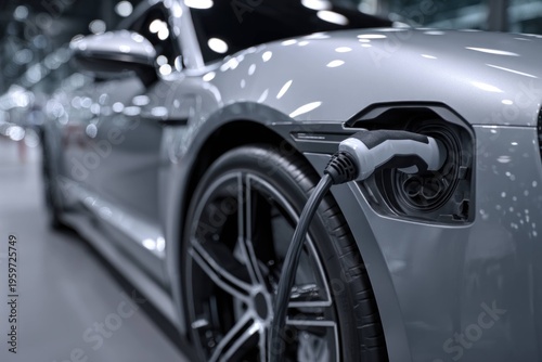 Electric car charging at station with close up on plug and silver vehicle wheel in modern indoor environment for sustainable transportation and clean energy concept.