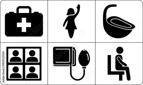 Six instructional black and white pictograms featuring first aid and accessibility symbols.