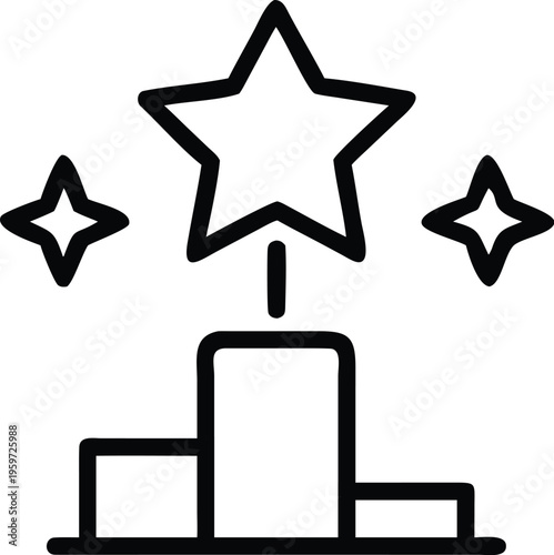 A black and white illustration depicts a trophy with a prominent star atop standing on a three tiered pedestal high quality professional detailed modern elegant stylish