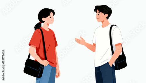 Two people converse casually, facing each other. One gestures with open hands, showing enthusiasm. Both carry black bags, dressed in simple, casual clothes