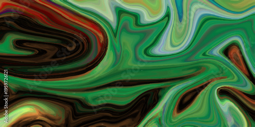 Abstract liquid marble background with vibrant green, blue, and brown swirling fluid acrylic paint texture and waves
