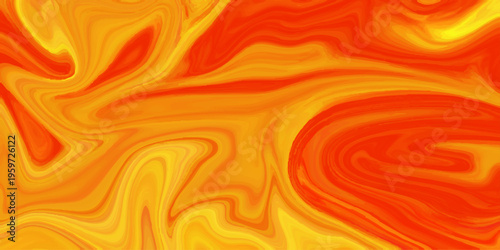 Abstract orange and yellow liquid marble background; vibrant fiery fluid acrylic swirl texture with dynamic wavy flow