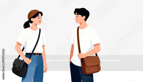 Two people stand facing each other, smiling warmly. One carries a black bag, the other a brown one. Their casual outfits suggest relaxed conversation. They appear engaged, comfortable, and open-minded