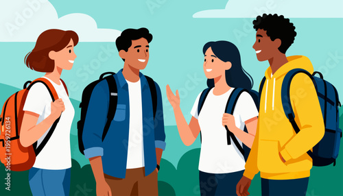 Four friends stand outdoors, chatting warmly. Each carries a backpack, suggesting a school or college outing. Their smiles and open gestures show friendliness and connection