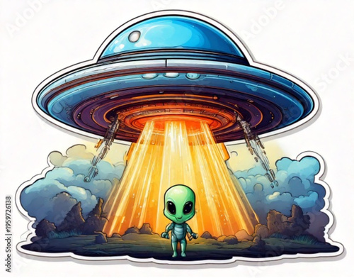 Alien under UFO beam light.