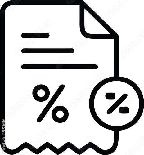 A simple line drawing depicts a receipt or bill with a percentage symbol attached suggesting discounts or financial calculations high quality professional detailed modern elegant stylish
