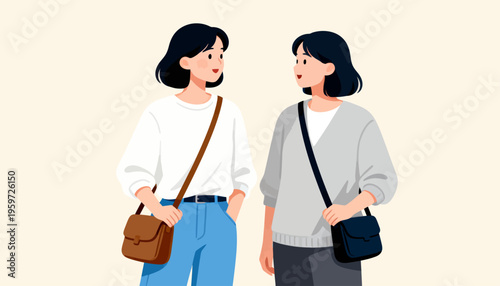 Two women chat warmly, smiling at each other. They carry small bags, dressed casually and comfortably. Their expressions show friendship and ease. Ideal for social, lifestyle, or business contexts