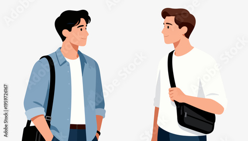 Two young men stand facing each other. One wears a light blue jacket, the other a white tee. Both carry black bags over one shoulder. Their expressions show friendly, neutral engagement