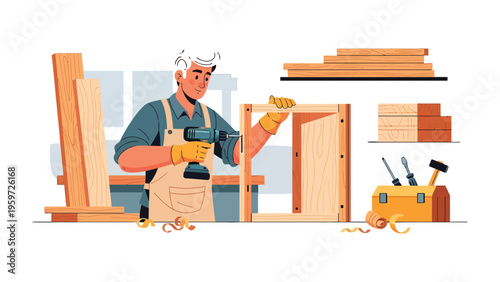 Crafting Precision: A skilled craftsman expertly uses power tools to assemble a wooden structure within a well-equipped workshop, showcasing precision and dedication to the art of carpentry.