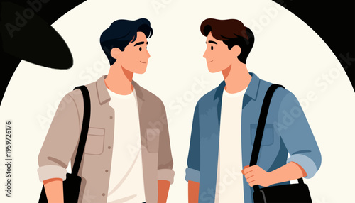 Two young men stand facing each other. They appear engaged in a friendly conversation. Casual attire suits their relaxed, urban setting. Black shoulder bags complete their stylish look