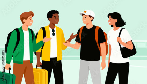 Four travelers converse warmly at a transit station. One gestures animatedly, sharing a story. Luggage stands nearby, hinting at a journey. All appear relaxed, enjoying their conversation