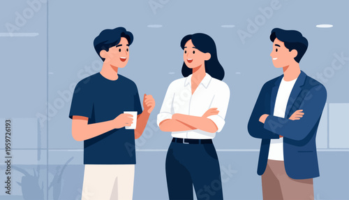 Three professionals chat in a modern office space. One holds a cup, smiling warmly at his colleague. Another listens with arms crossed, showing thoughtful interest