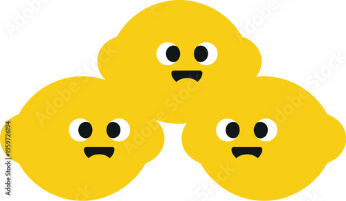Minimal flat vector illustration of three cute, yellow, happy citrus fruits