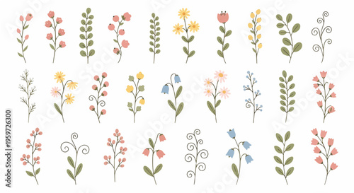 Diverse Collection of Hand-Drawn Spring Flowers and Botanical Elements for Creative Design Projects