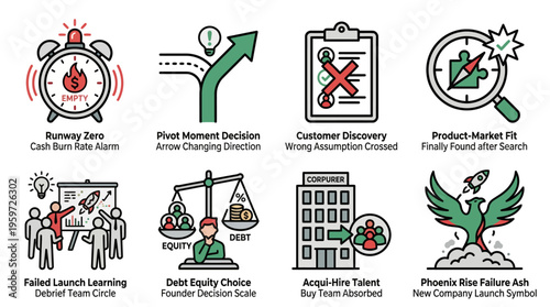 Startup Business Concept Icons for Entrepreneurship Growth and Failure