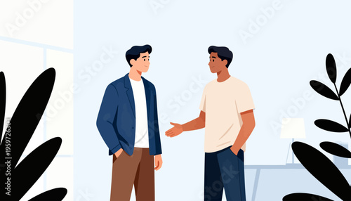 Two men converse in a bright, modern office space. One gestures while the other listens attentively. Their relaxed posture suggests a friendly, informal meeting. The scene implies teamwork