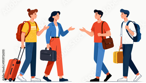 Four people walk together, carrying luggage and bags. They gesture and smile, showing friendliness and teamwork. Travelers share a moment, bonding over their journey