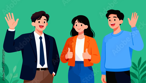 Three cheerful friends wave and gesture warmly. Their smiles radiate joy and friendliness. Perfect for team introductions or social campaigns. Bright green background adds lively, welcoming energy
