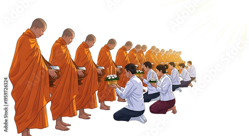 A vector illustration of Buddhist monks and laypeople participating in a traditional ceremony with offerings.