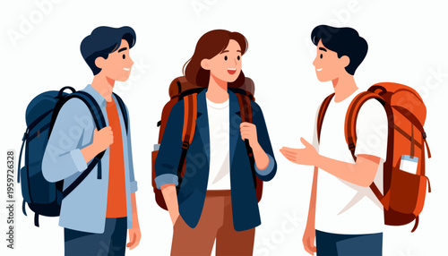 Three students chat warmly, backpacks on. They smile, showing friendly, casual conversation. Cartoon style makes image feel light and cheerful. Perfect for school, campus, or student life scenes