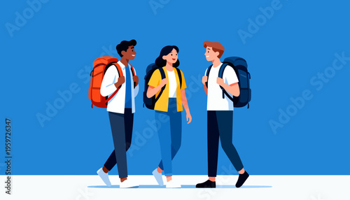 Three students walk together, chatting, smiling, backpacks slung. Colors bright, background clean, cheerful energy radiates. Ideal for education, campus life, youth culture, teamwork themes