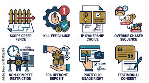 Freelance Business Contract Clauses and Legal Protection Icons Set