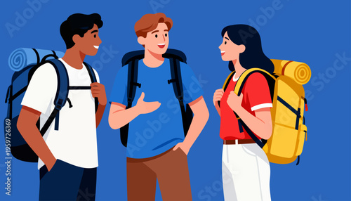 Three friends chat animatedly, smiling, mid-conversation. They carry backpacks, suggesting adventure or travel. One gestures with open hands, showing enthusiasm