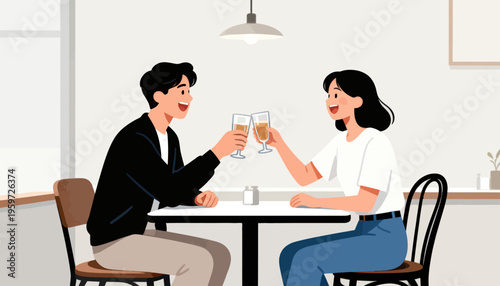 Couple shares joyful toast over wine at cozy cafe. Smiles brighten their faces as they raise glasses. Warm lighting enhances intimate, relaxed atmosphere. Perfect for love, relationships