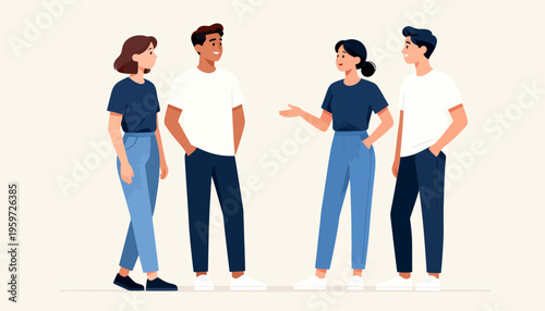 Four diverse individuals stand close, smiling and engaging. They gesture naturally, showing friendly interaction. The scene suggests collaboration or casual conversation. Perfect for team meetings