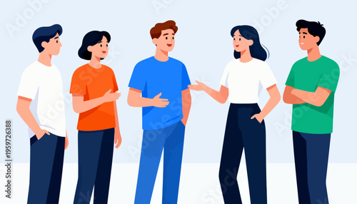 Five friends stand together, chatting warmly. They smile, showing comfort and connection. Casual clothes and relaxed poses feel inviting. Ideal for team meetings, group events, or social gatherings
