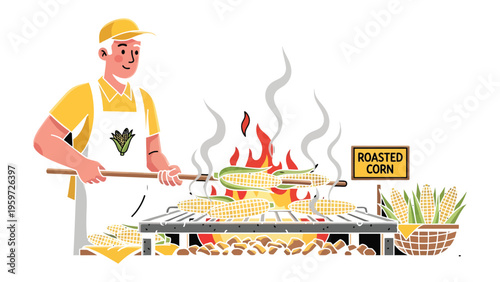 The Corn Vendor: An illustration of a cheerful vendor roasting corn over an open flame, the inviting aroma and vibrant scene promising a delightful culinary experience.
