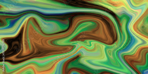 Abstract liquid marble background with vibrant green, blue, and brown swirling fluid acrylic paint texture and waves