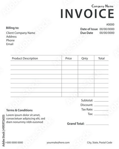 Ultra Minimalist Black and White Business Invoice Vector Template EPS