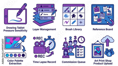 Digital Art Software Features and Creative Artist Workflow Icons