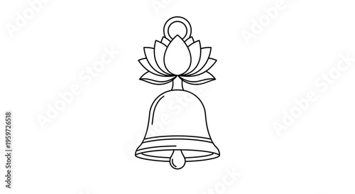 A minimalist line art illustration of a bell with a lotus flower design