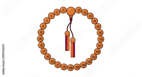 A minimalist vector illustration of a mala bead bracelet with tassels on a white background