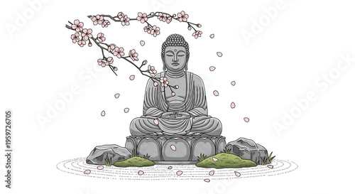 A serene Buddha statue sitting in meditation under a blooming cherry blossom tree in a peaceful garden setting.