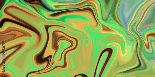 Abstract liquid marble background with vibrant green, blue, and brown swirling fluid acrylic paint texture and waves