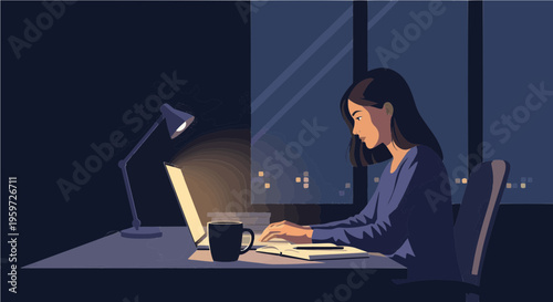 Woman working late at night on a laptop at a desk with a lamp and city lights in the background