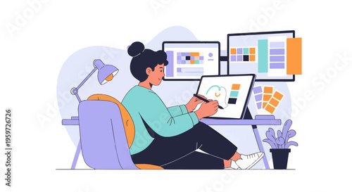 Graphic designer illustrating new concepts on a tablet, using a stylus and multi-screen setup for a modern creative workflow