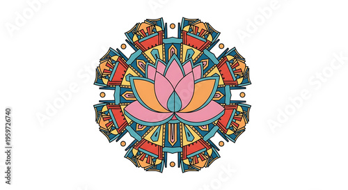 A colorful lotus flower mandala illustration with intricate geometric patterns and vibrant pink, orange, and blue hues, perfect for spiritual or wellness designs.