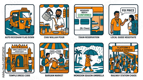 Illustrated Indian Travel Guide and Cultural Tourism Icon Set