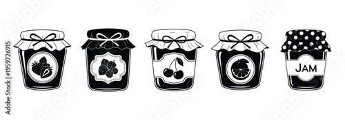 Set of five jam jars with fruit illustrations in vector on checkered background