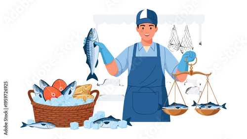 Fishmonger at Work: A skilled fishmonger expertly weighs a fresh catch while surrounded by an array of seafood, ice, and traditional tools, showcasing the freshness and quality of his wares.