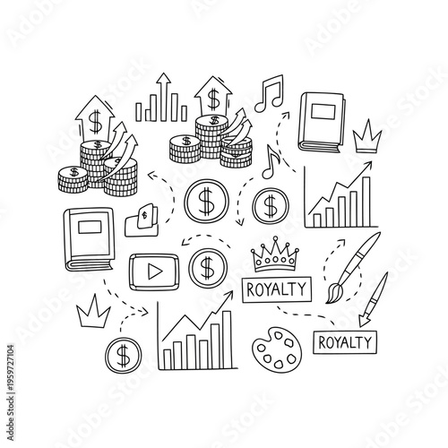 Doodle illustration depicting financial growth and income generation from creative works, intellectual property, and digital content, highlighting royalties and artistic success