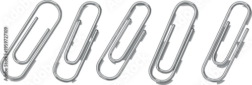 Five shiny silver metal paper clips are arranged in a straight horizontal line on white.