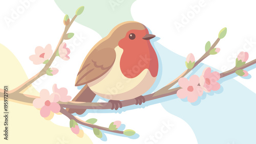 Robin Perched on a Budding Cherry Blossom Branch with Soft Spring Background