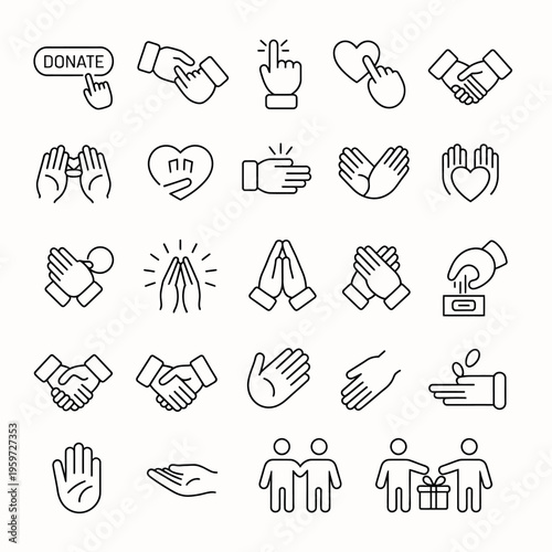 donate volunteer help solidarity icon collection, charity line icons in vector format with editable strokes, simple modern design, scalable elements ideal for nonprofit branding and presentations.
