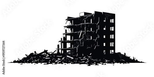 Silhouette of destroyed building rubble and debris vector illustration