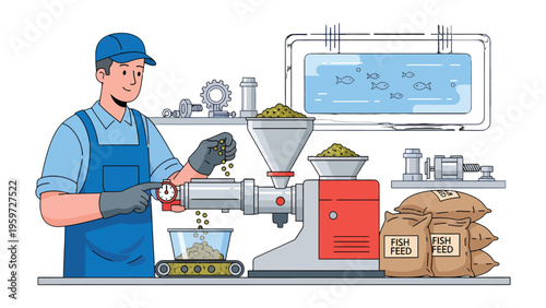 Efficient Aquaculture Process: This image showcases a detailed illustration of an aquaculture facility, depicting a worker meticulously managing a seed feeding system, with bags of high-grade feed.
